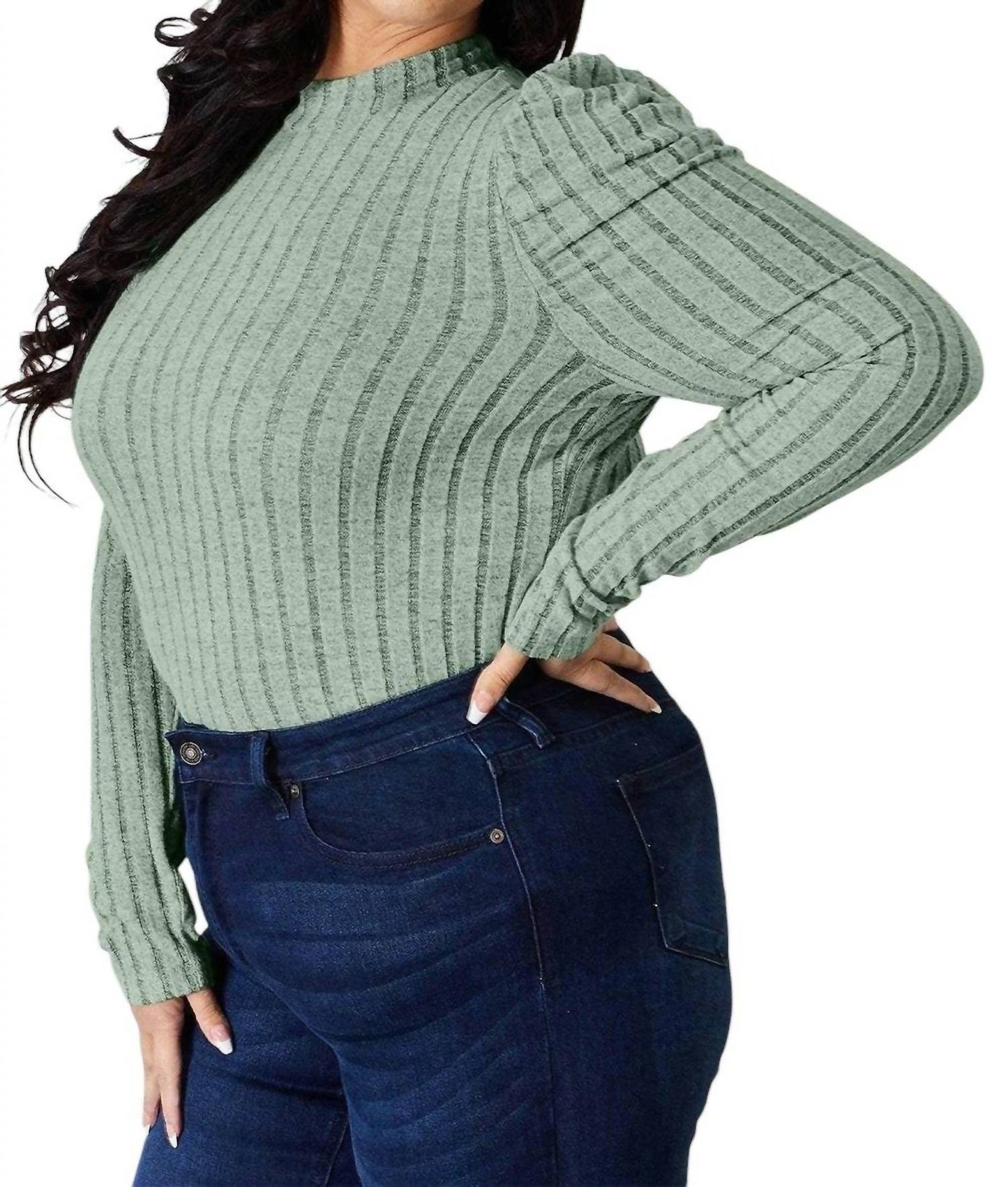 Basic Bae - Ribbed Mock Neck Top With Puff Sleeves