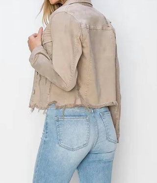 Risen - Full Size Raw Hem Button Up Cropped Denim Jacket Plus Size