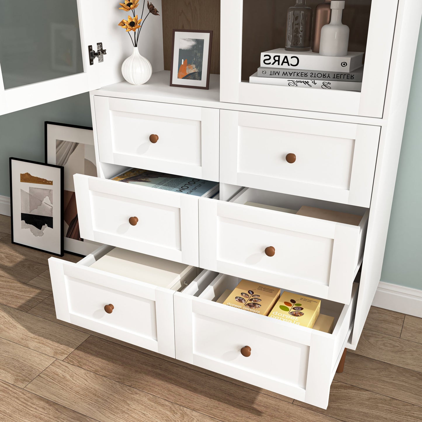 White MDF Display Storage Cabinet with Glass Doors and Adjustable Shelves