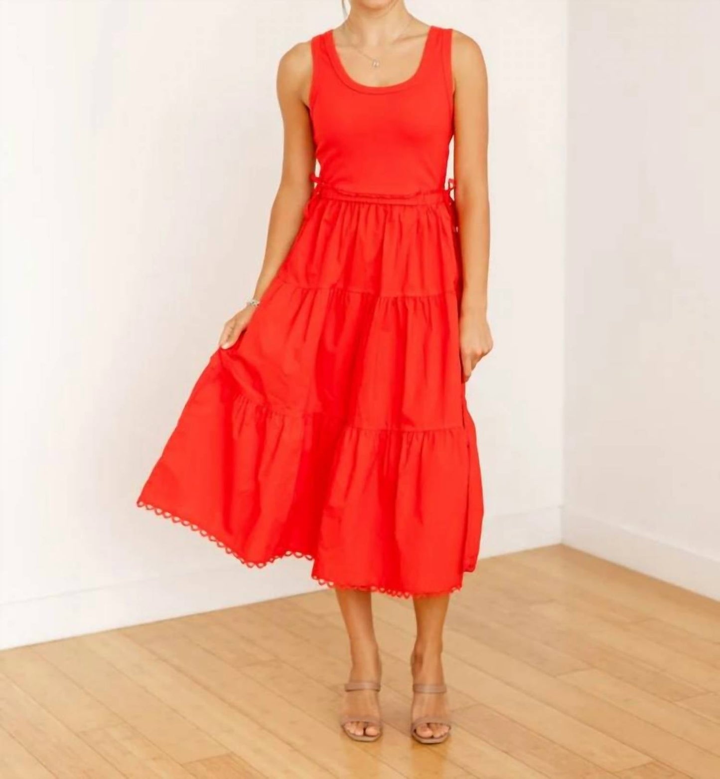 Skies Are Blue - Knit Tank Poplin Skirt Midi Dress
