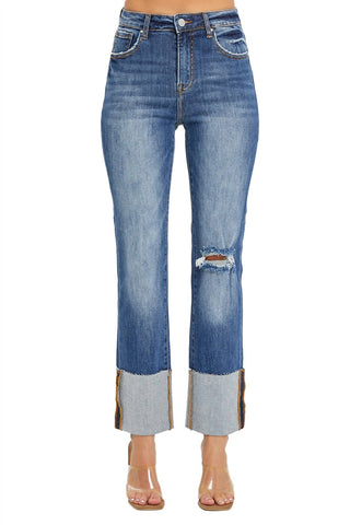 Risen - High Rise Ankle Straight Wide Cuffed Jeans