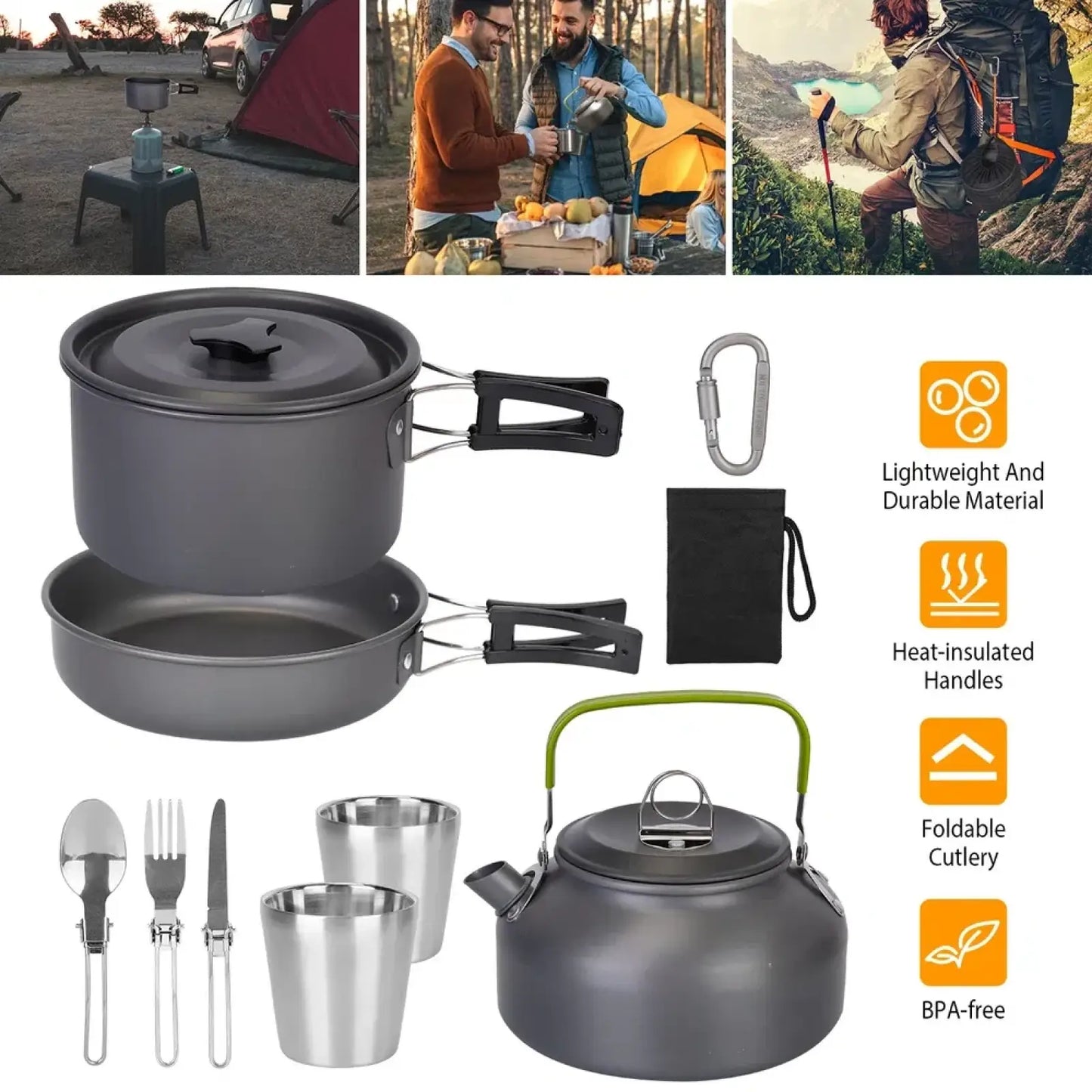 12pcs Camping Cookware Set with Aluminum Pot and Kettle