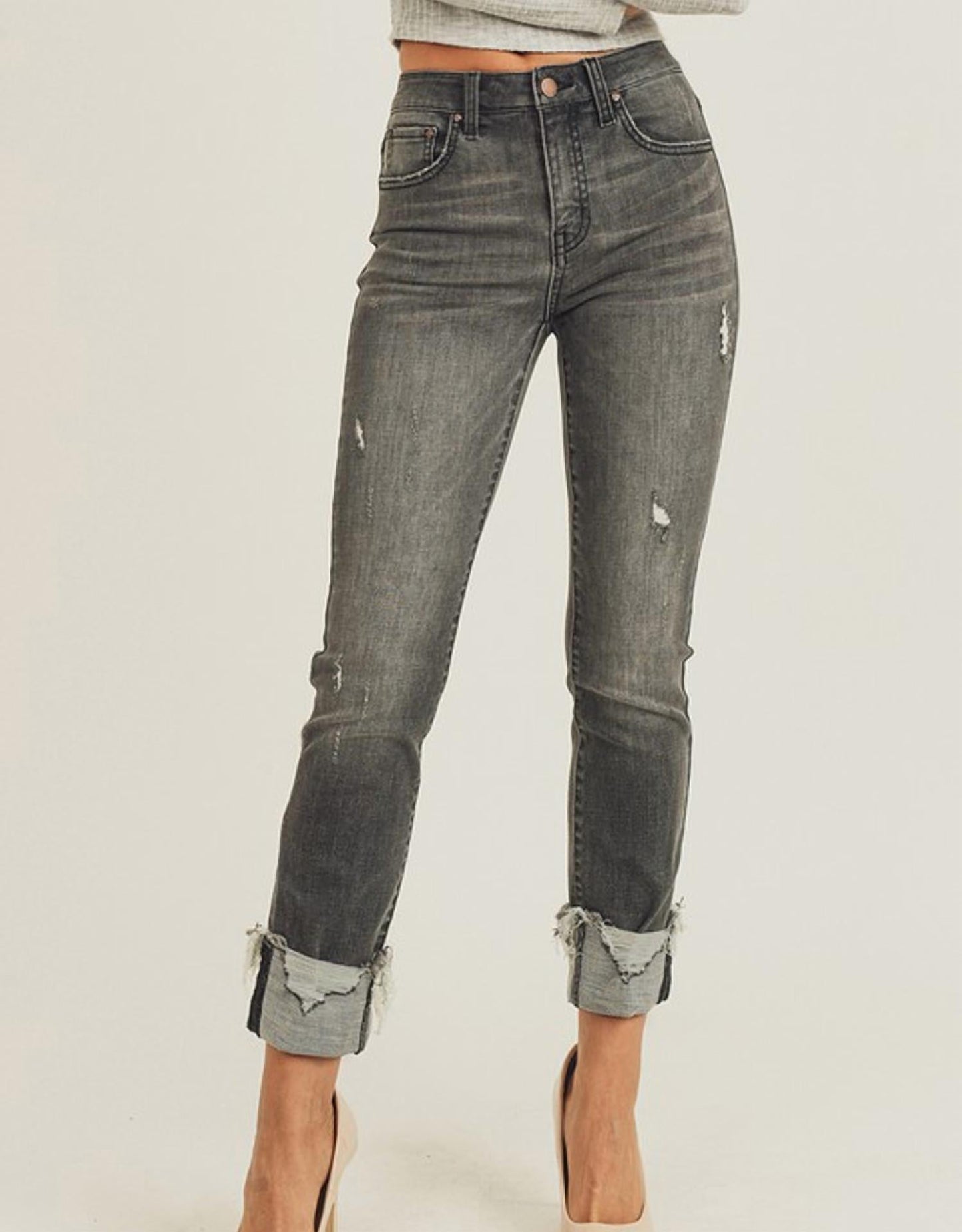 Risen - Mid Rise Frayed Cuff Ankle Straight Jeans