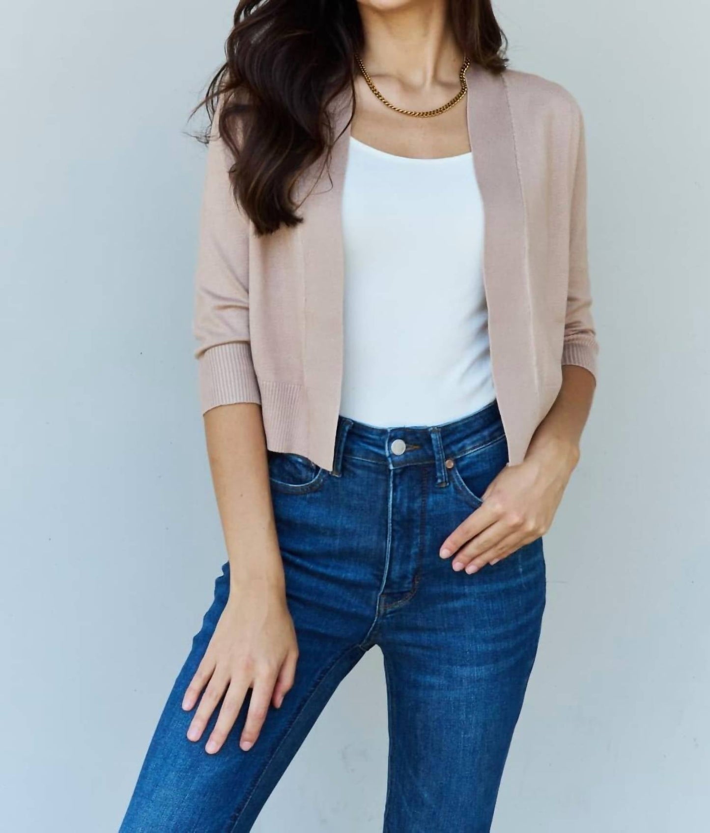 Doublju - Full Size 3/4 Sleeve Cropped Cardigan