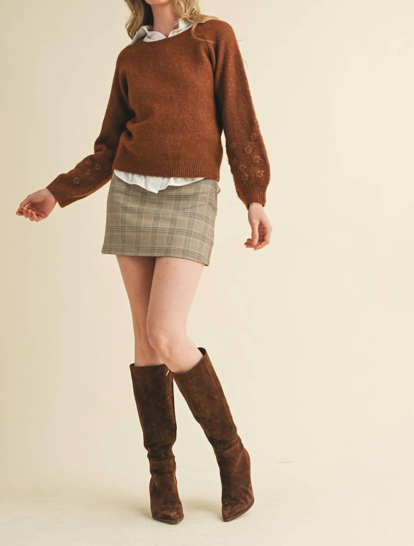 &Merci - Floral Knit Puff Sleeve Sweater