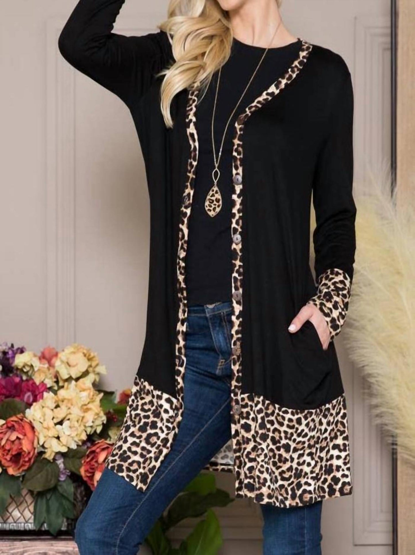 Celeste - Solid Button-Down Leopard Cardigan