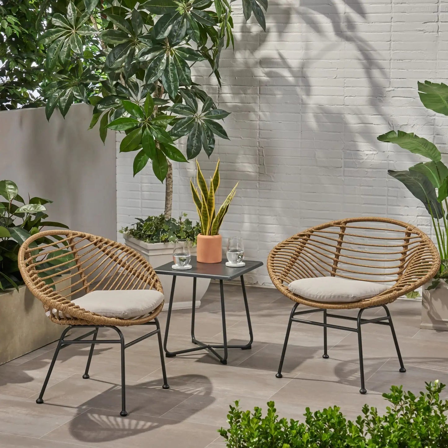 Cordella Outdoor Woven Wicker Chairs with Cushions Set of 2