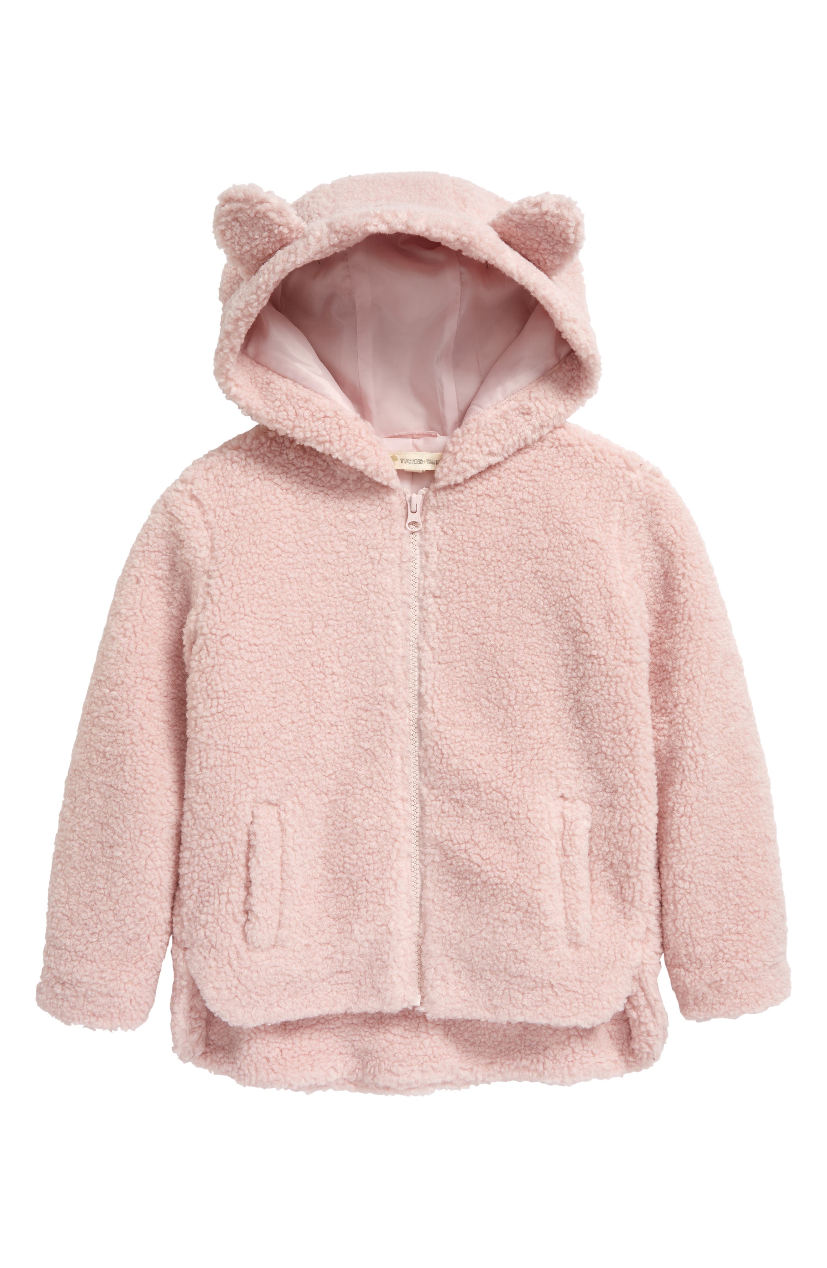 Kids Faux Shearling Hooded Jacket in Pink Cake