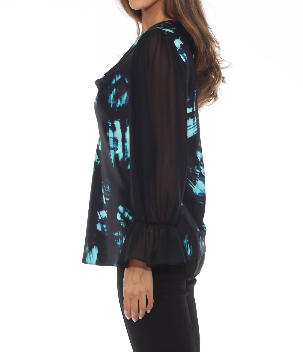 Joseph Ribkoff - Abstract Cowl Neck Chiffon Sleeve Top