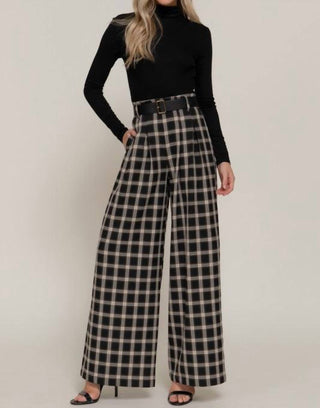 Active Basic - Belted Plaid Wide Long Pants