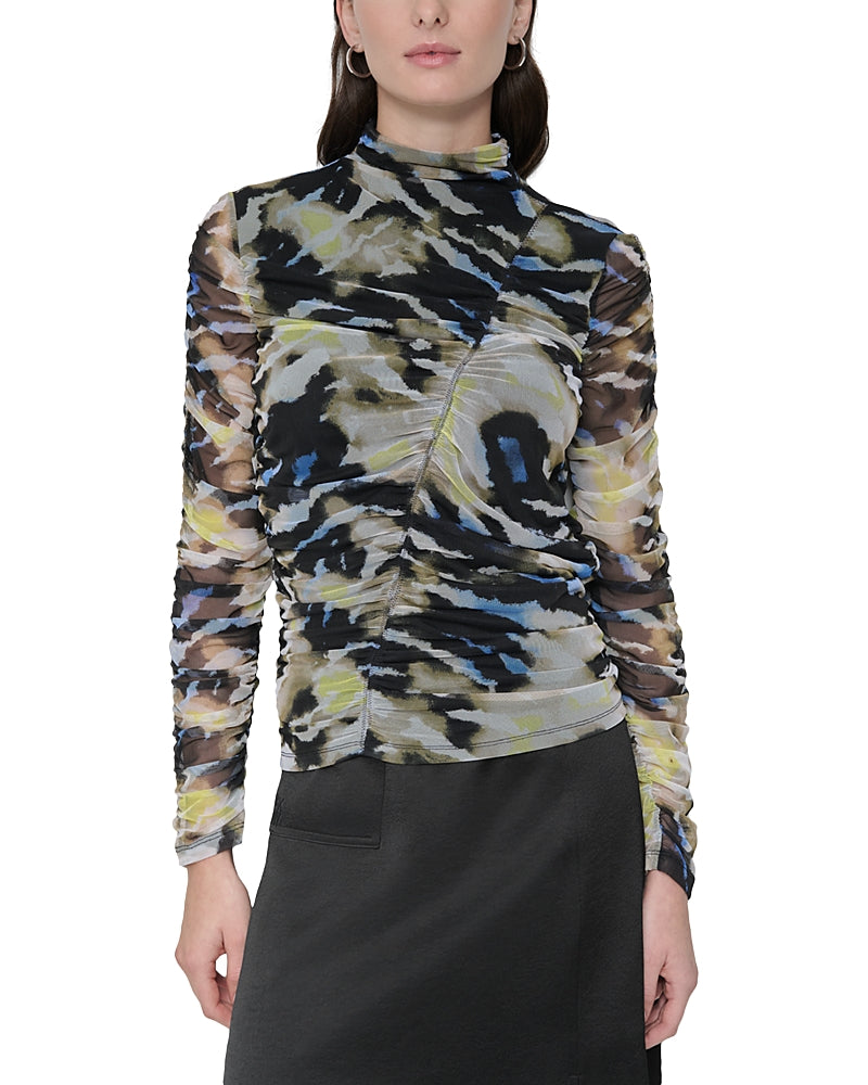 DKNY Womens Tiger Print Mock Neck Long Sleeve Mesh Top