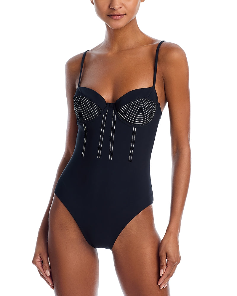 SIMKHAI Botanical Black Bustier One Piece Swimsuit