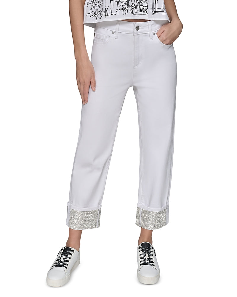 Karl Lagerfeld Paris High Rise Crystal Cuff Jeans White