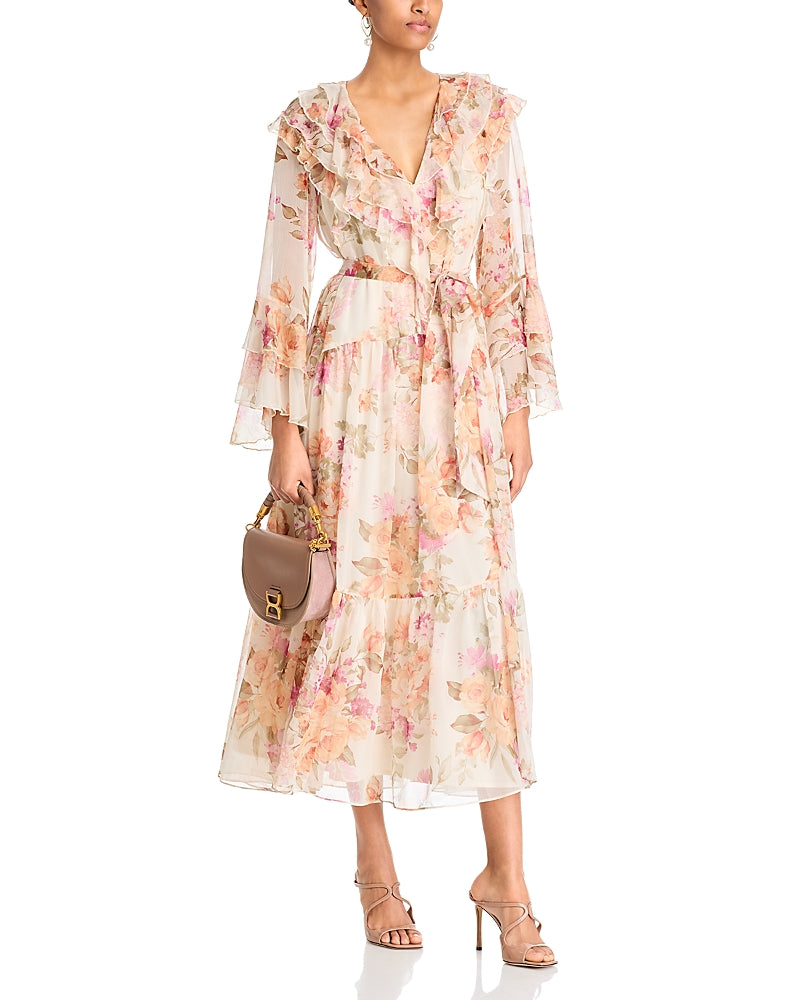 Aqua Floral Ruffle Maxi Dress