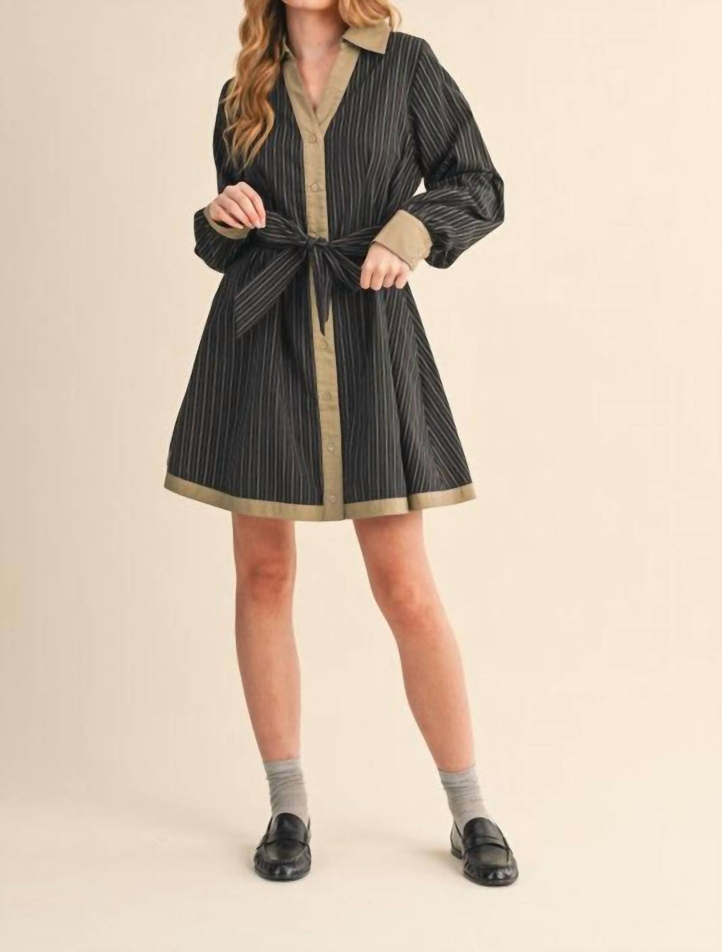 &Merci - Striped Button Down Belted Mini Dress