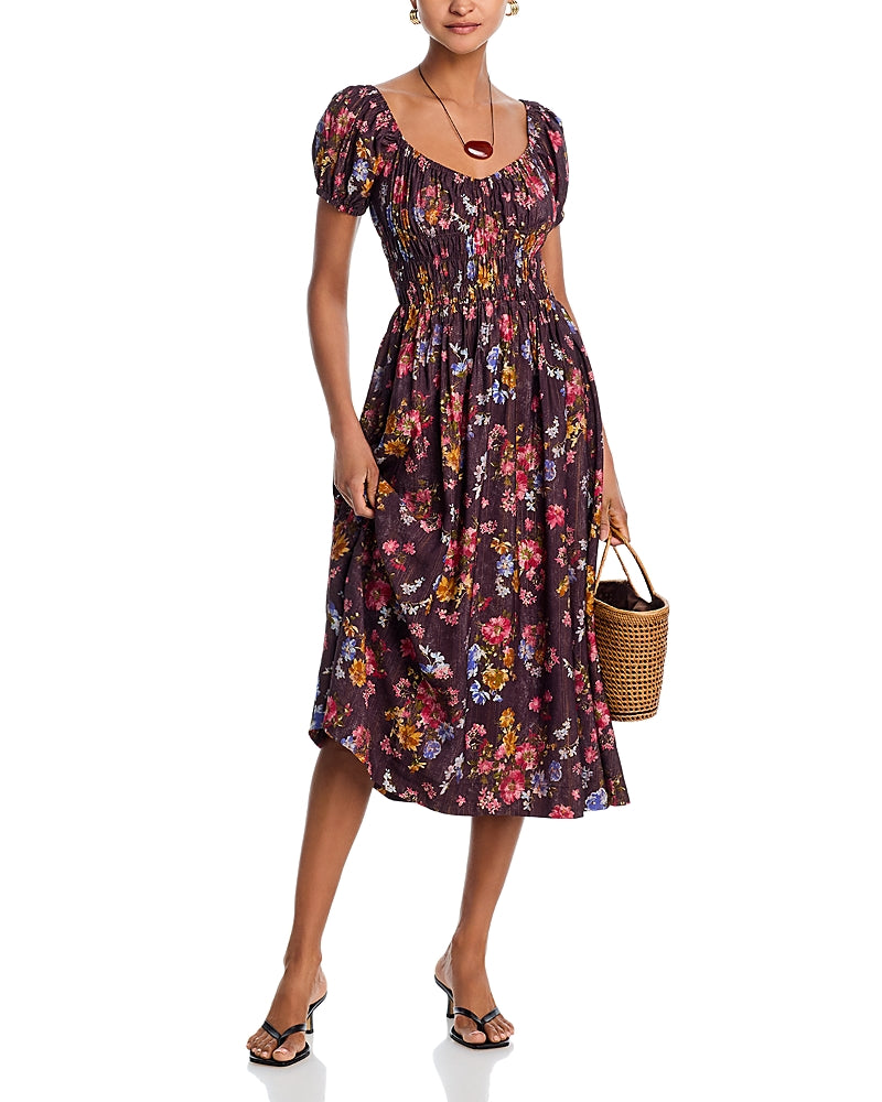 Aqua Floral Puff Sleeve Midi Dress