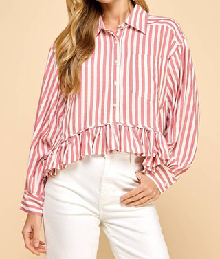 Tcec - Striped Button Up Ruffled Hem Shirt