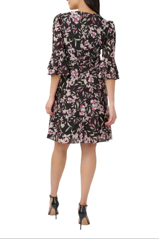 Adrianna Papell - V-neck 3/4 Bell Sleeves Chiffon Dress