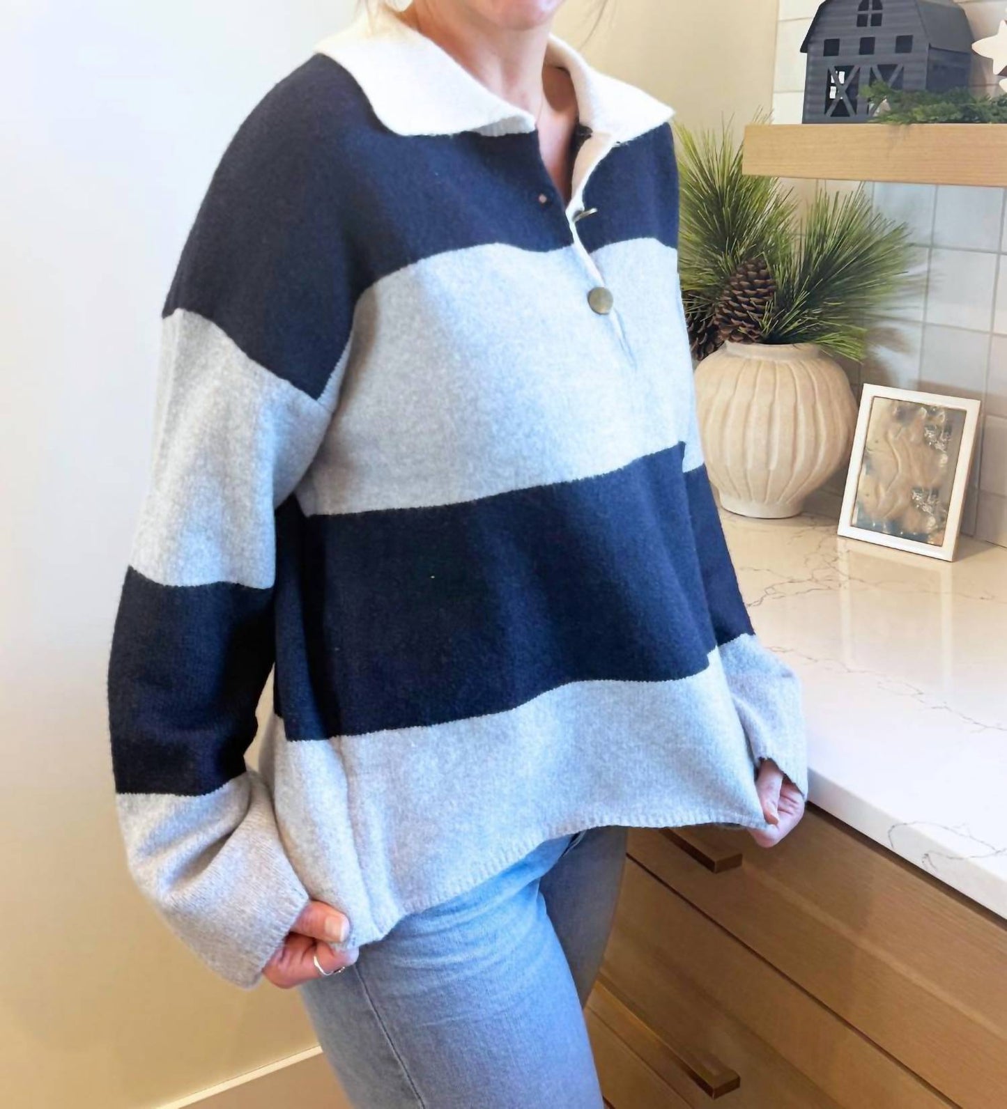 Aaron & Amber - Striped Polo Neck Sweater
