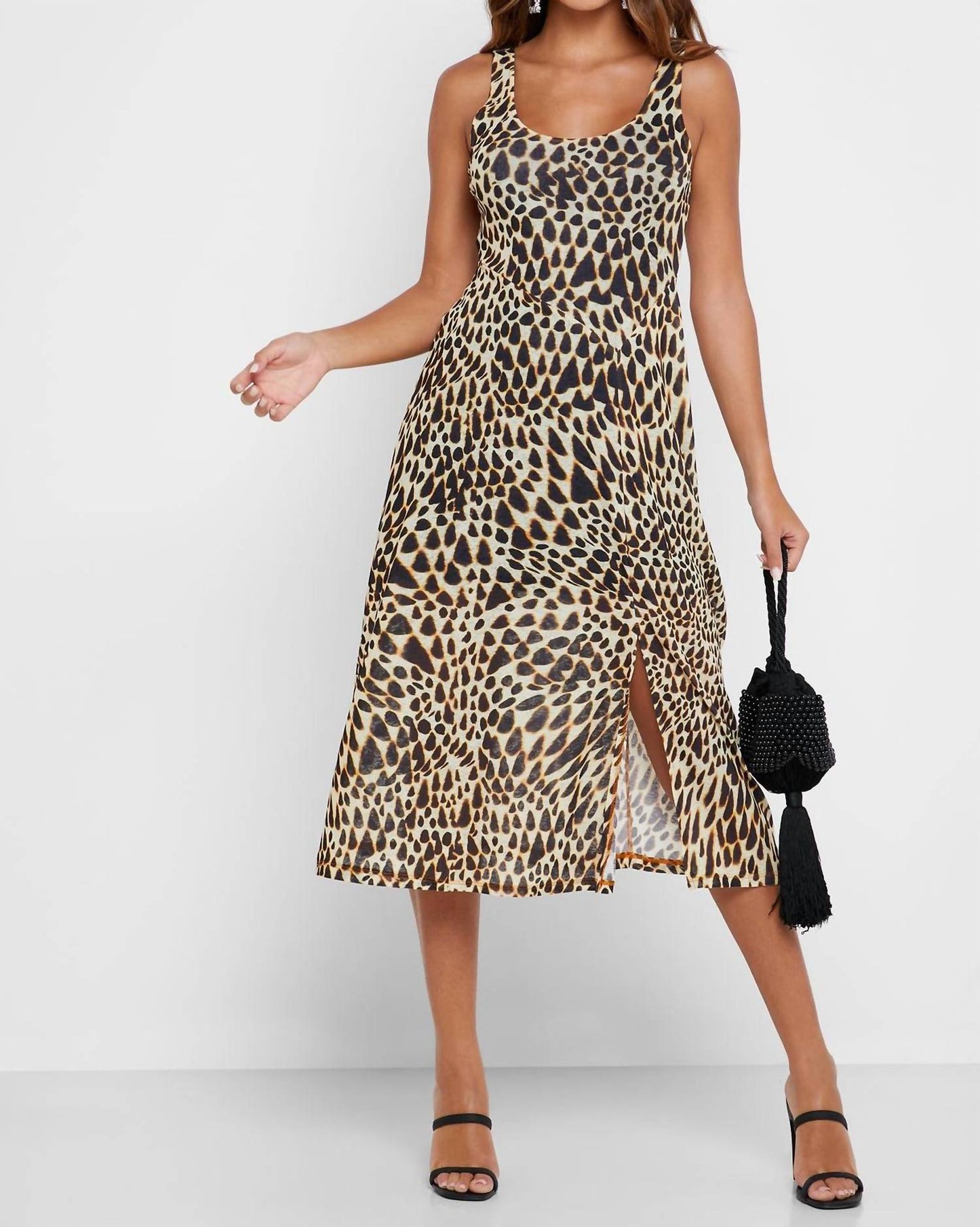 Topshop - Animal Print Plunge Neckline Mesh Midi Dress