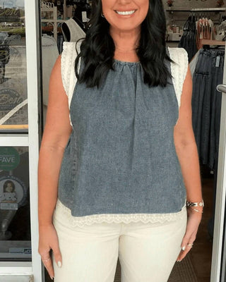 Adora - Denim Sleeveless Top With Lace Sleeve & Hem