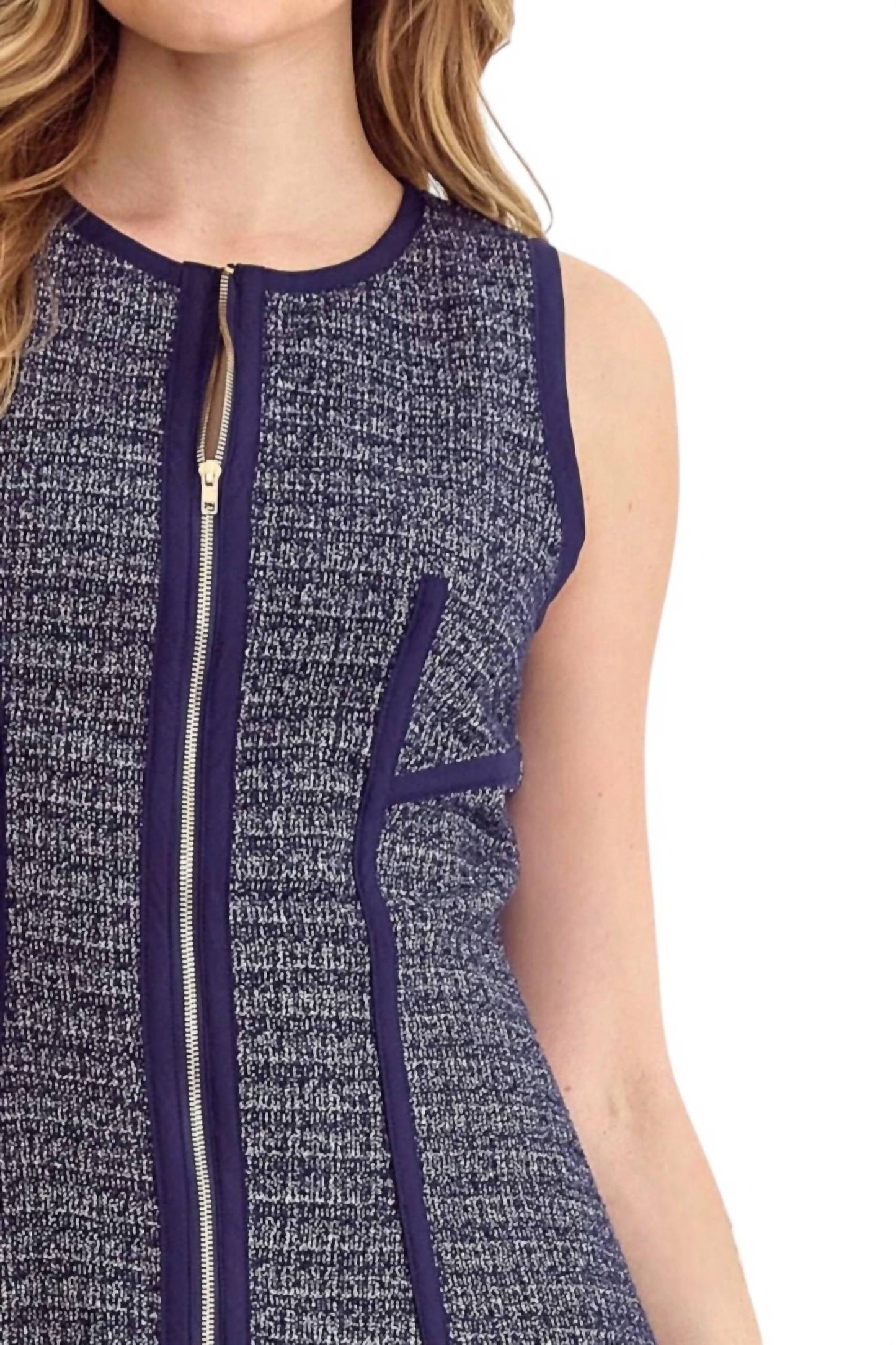 Entro - Tracy Piping Detail Front Zipper Tweed Sleeveless Dress