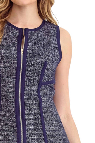 Entro - Tracy Piping Detail Front Zipper Tweed Sleeveless Dress