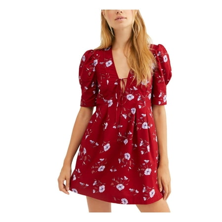 Free People Women's Red Floral Short Sleeve Mini Dress Size M