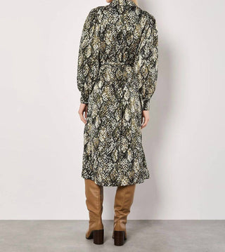 Apricot - Snakeskin Print Satin Shirt Midi Dress