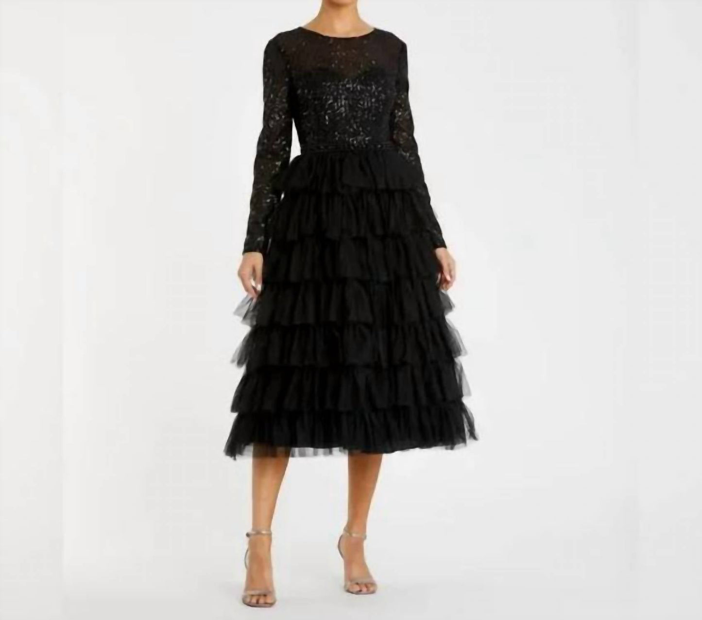 Mac Duggal - Long Sleeve Ruffle Tiered Midi Dress