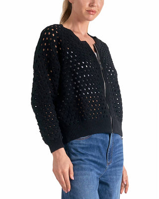 Elan - Eyelet Zip Up Sweater Cardigan