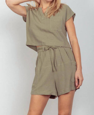 Trendsi - Very J Woven Cropped Top & Waist Tie Shorts Set