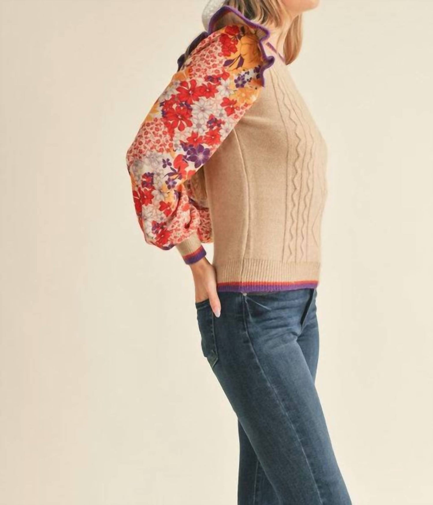 &Merci - Knit Sweater With Woven Floral Sleeves