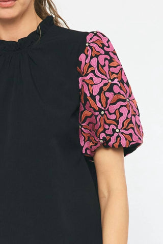 Entro - Embroidered Puff Sleeve Top