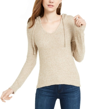 Crave Fame Womens V-Neck Heathered Hoodie Tan S