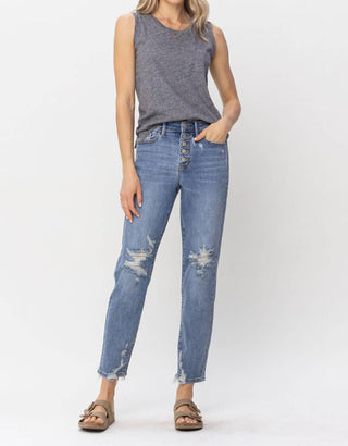 Judy Blue - High Waist Button Fly Destroyed Boyfriend Denim Jeans