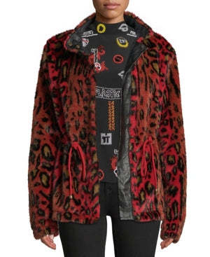 Nicole Miller Women s Leopard Print Faux Anorak Jacket Red Size Medium