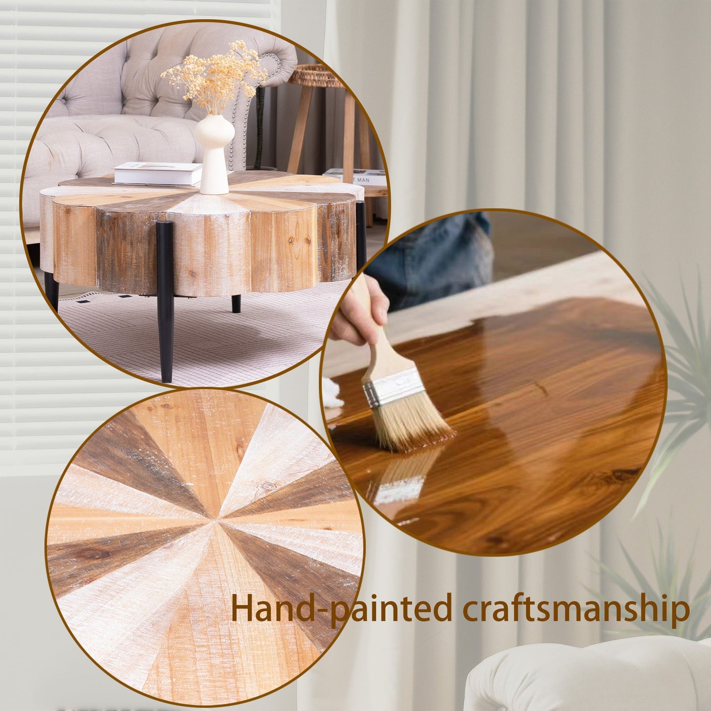 Rustic Manufactured Wood Flower-Shaped Coffee Table with Metal Legs