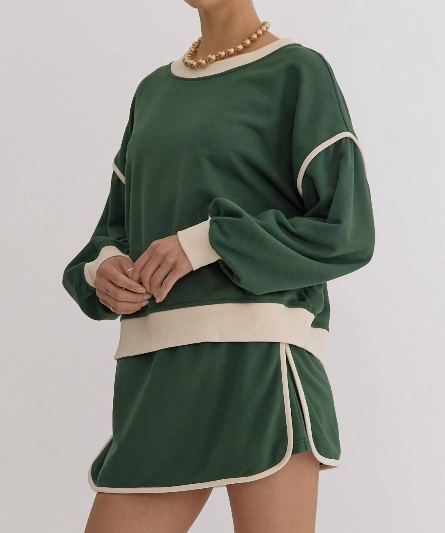 Entro - Solid Contrast Trim Long Sleeve Top