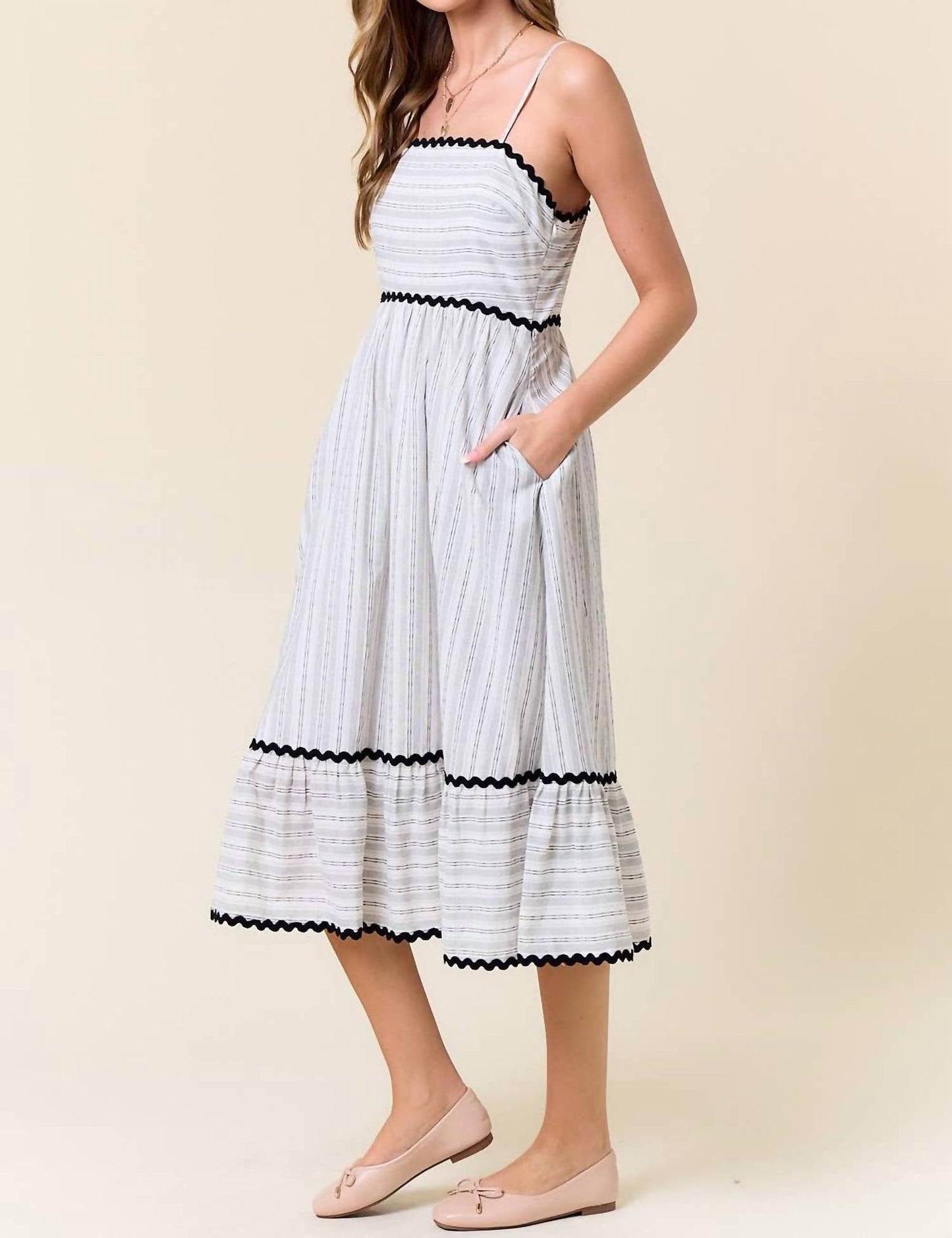 Doe And Rae - Striped Rick Rack Trimmed Tiered Midi Dress