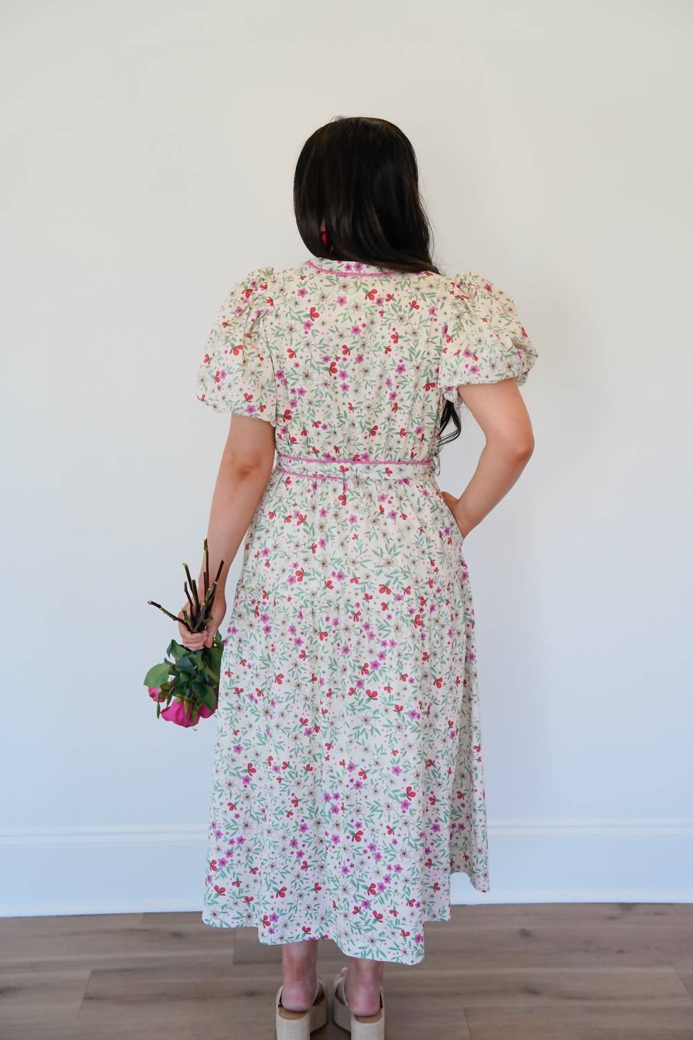 &Merci - Floral Bubble Sleeve Midi Dress With Lace Trim