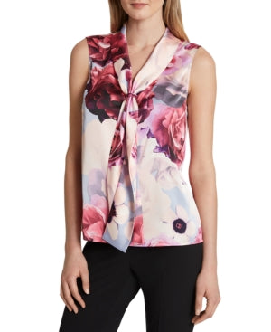 Tahari Asl Sleeveless Floral Tie-Front Top