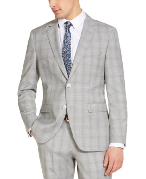 Hugo Men's Modern-Fit Light Gray Plaid Wool Suit Jacket