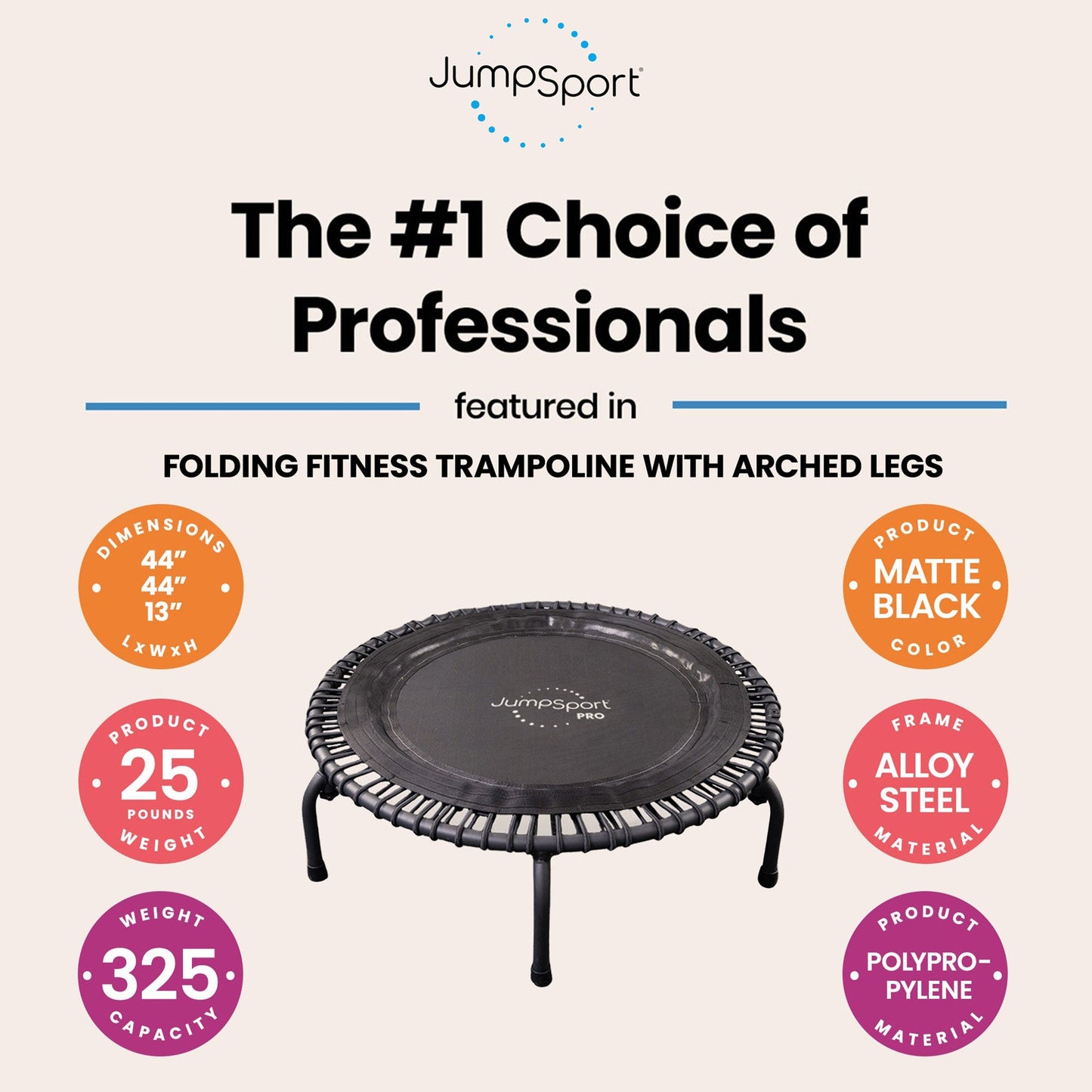 JumpSport 550f PRO Indoor Lightweight 44 Inch Folding Fitness Trampoline, Black