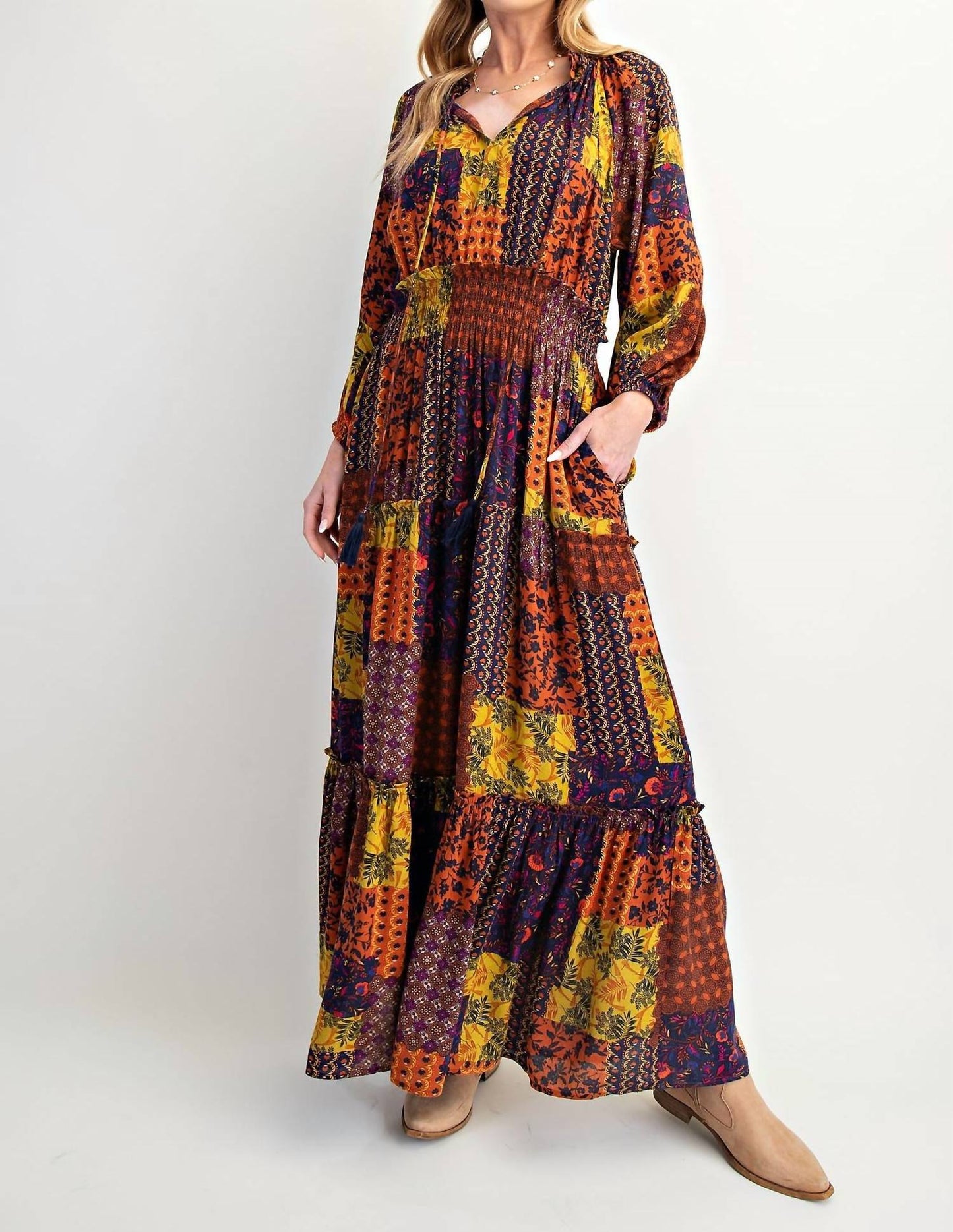 Easel - Multi-Color Patch Print Ruffle Maxi Dress