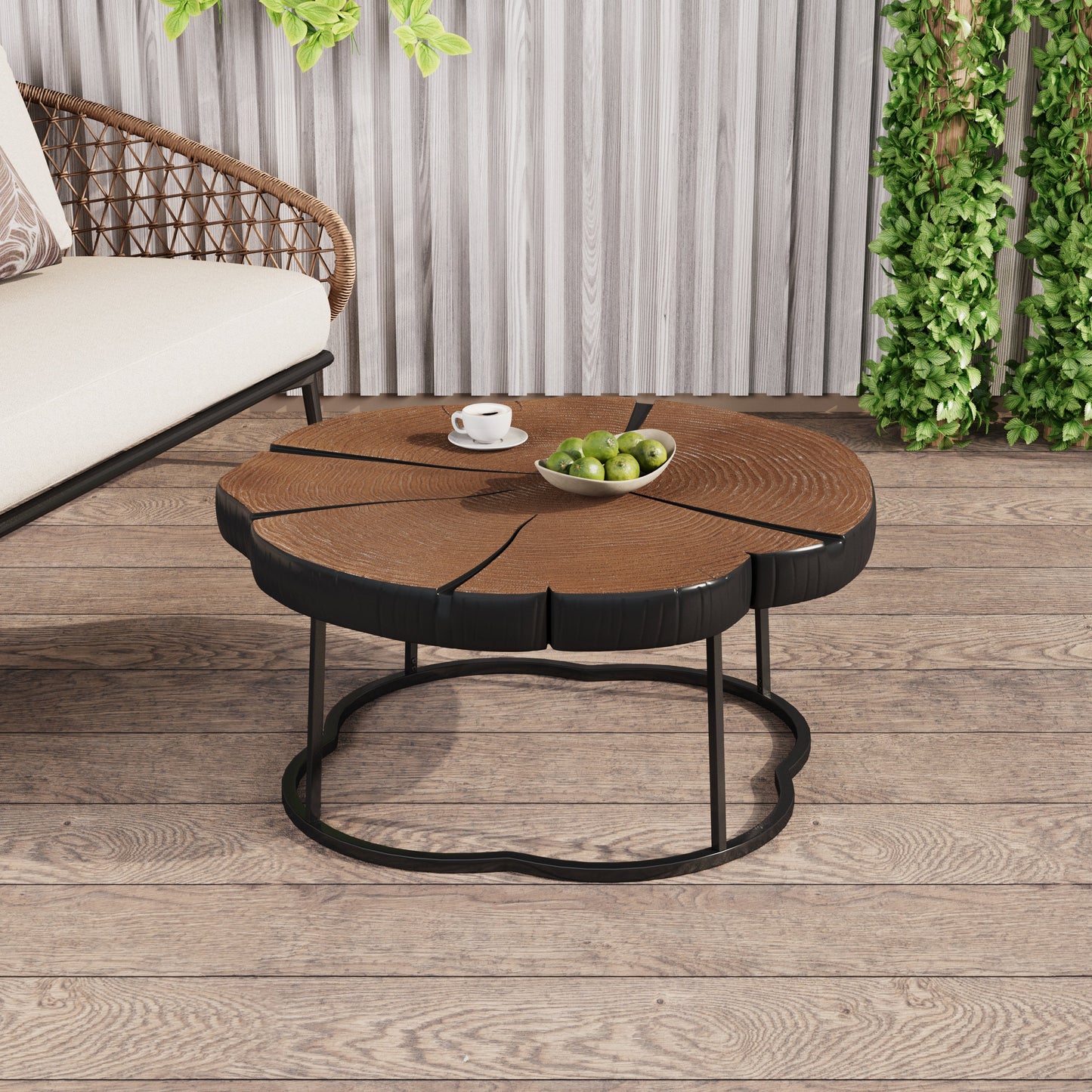 Irregular Coffee Table, 27" Modern MGO Top with Natural Wood & Black Metal Base