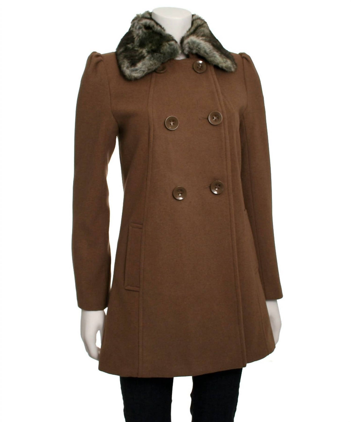 Ci Sono By Cavalini - Women's Double Breasted Faux Fur Collar Coat