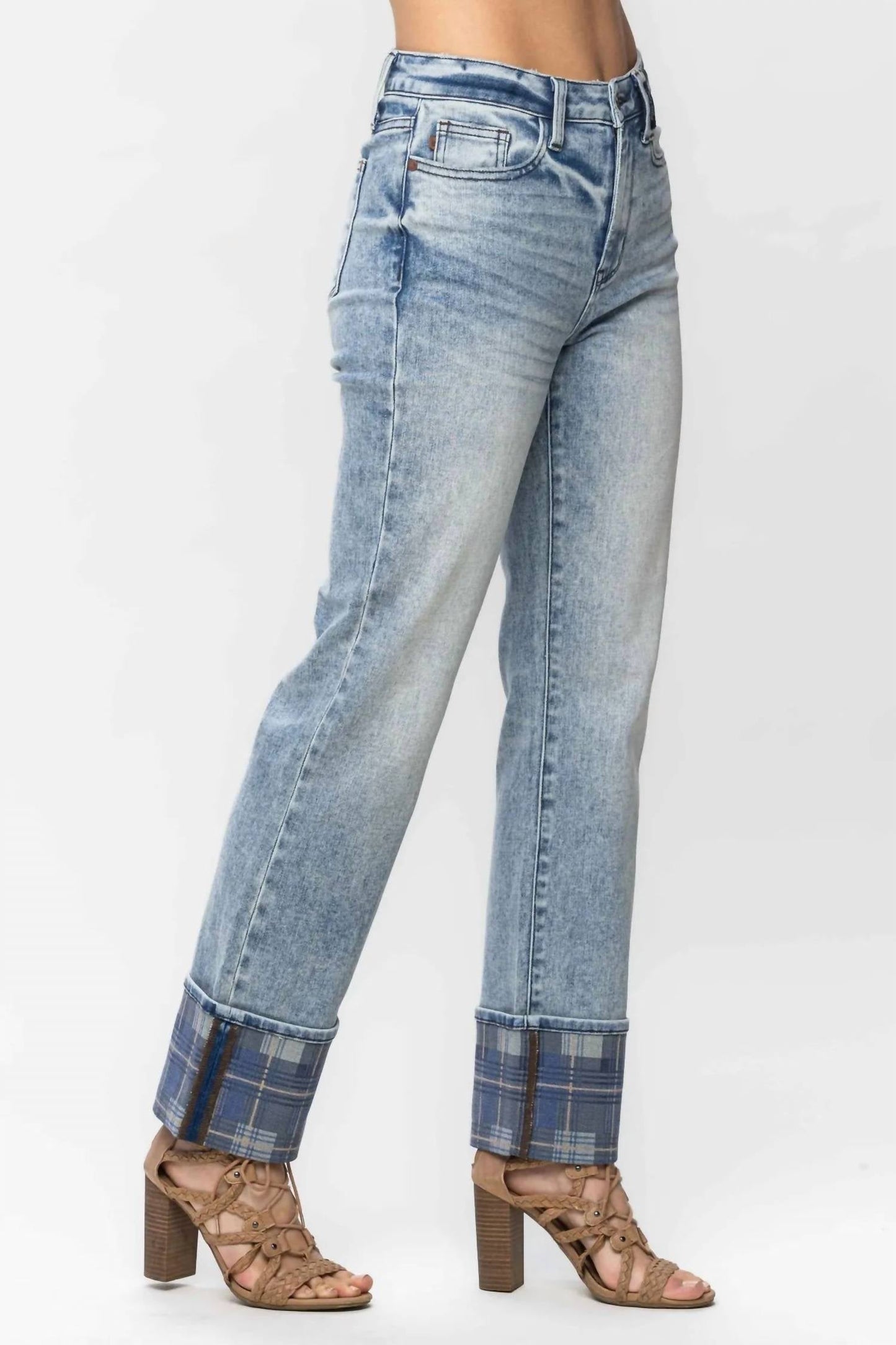 Judy Blue - Vintage Plaid Cuff Straight Leg Jean