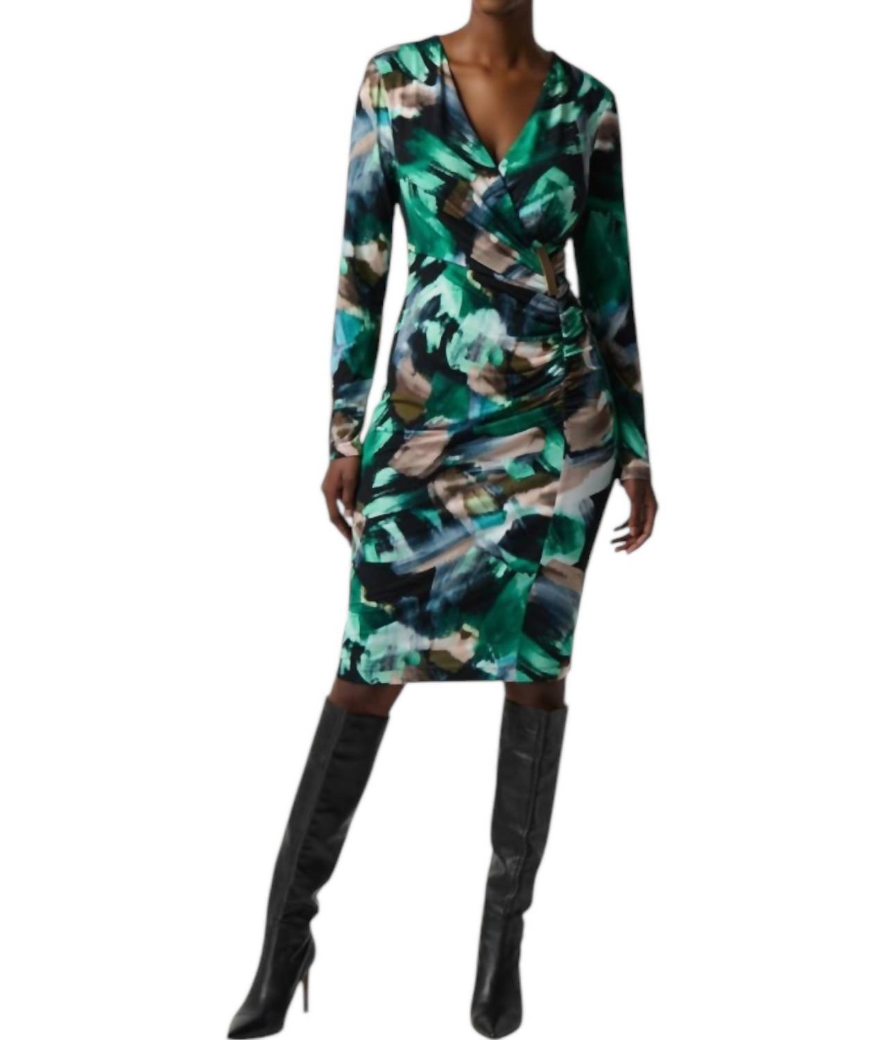 Joseph Ribkoff - Abstract Print Silky Knit Wrap Dress With Ornament