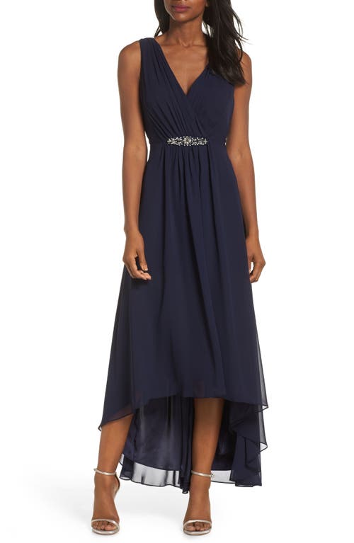 Eliza J Women's Sleeveless Wrap Front Gown with High-Low Skirt, Navy, 12